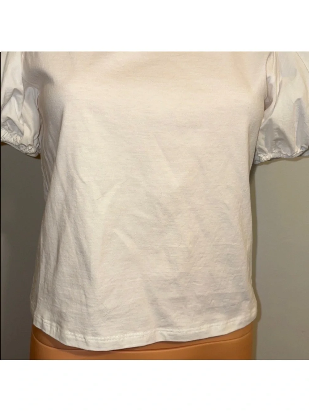 Zara White Puff Sleeve Crochet-Shoulder Tee